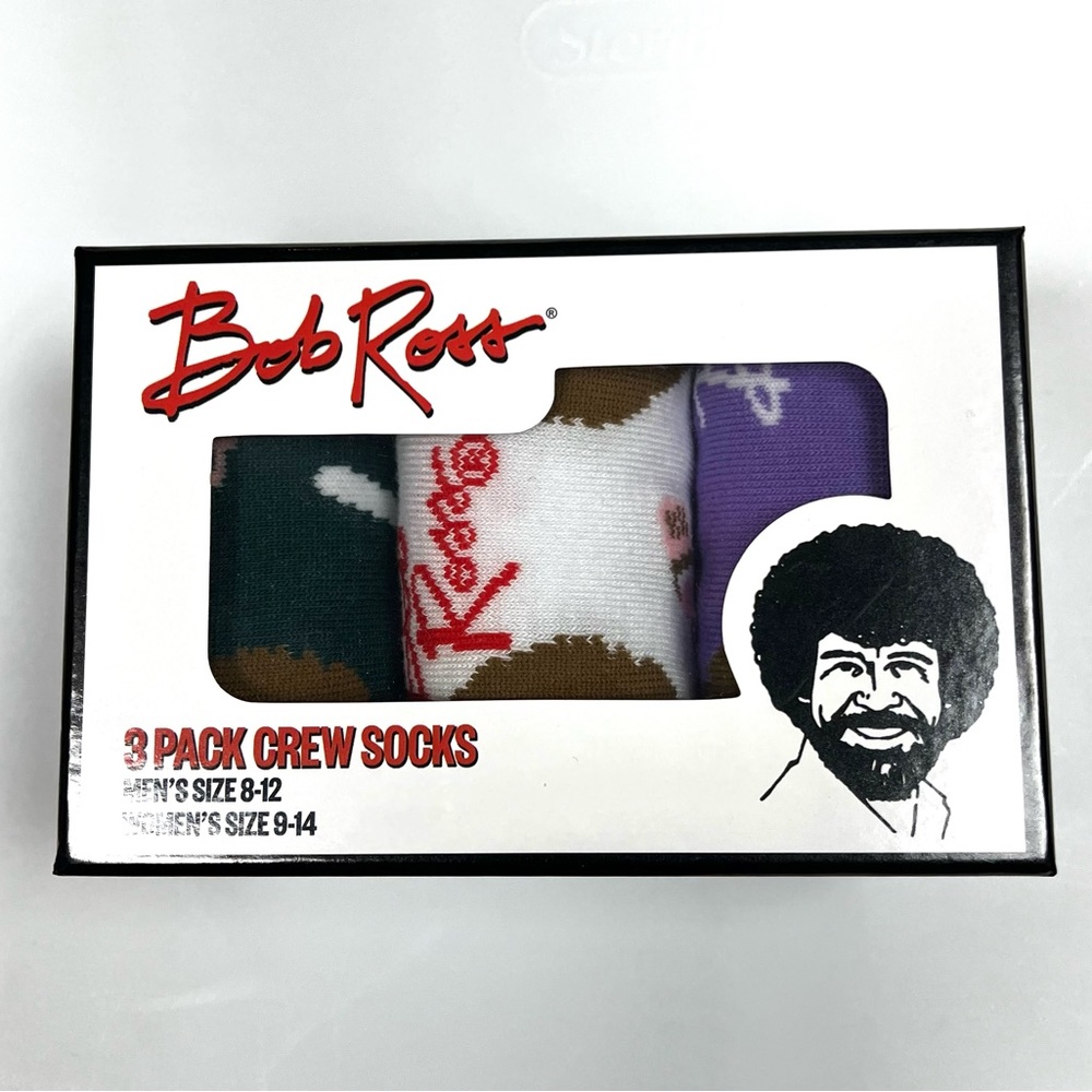 Bob Ross Set 3 Pairs Crew Socks Adult Unisex Men Sz 8-12 Women Sz 9-14 Gift Box